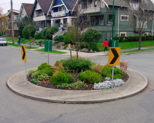 small traffic circle in a residential neighborhood