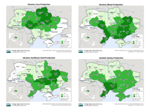 Four agricultural maps of Ukraine; one for corn, one for barley, one for wheat, and one for sunflower seeds