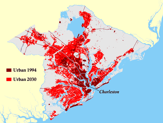 Red indicates massive expansion of urban areas from 1994 to 2030.