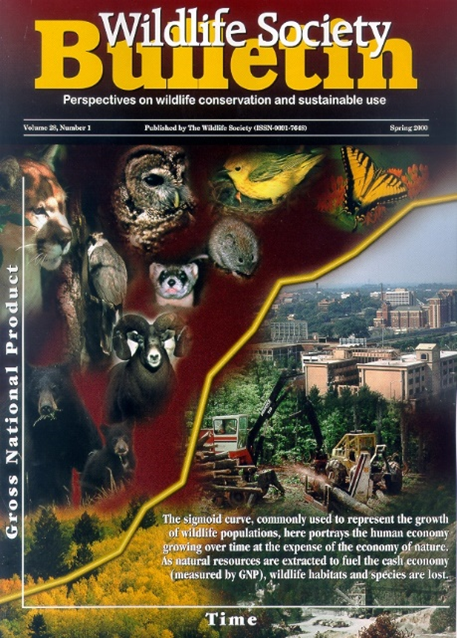 Magazine cover with a diagonal yellow line running from corner to corner. Above the line are numerous animals of different species and below it are images of tall buildings and construction machinery.