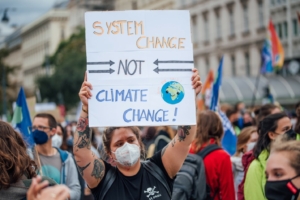 image of a young climate protester holding a sign that reads "System Change not Climate Change" 
